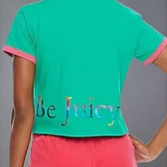 Juicy Couture RAINBOW Glitter T-SHIRT Size 2X KELLY Green CROWN Irridescent CROP - Picture 3 of 3
